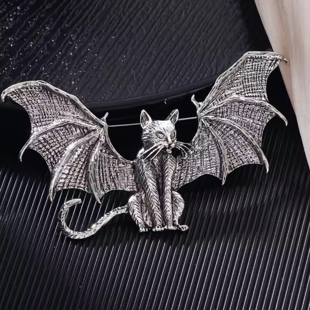 Vintage Bat Cat Silver Brooch